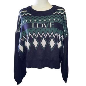 Chaser Sweater Ramone Pullover Womens S Oversized Blue Love Script Diamonds